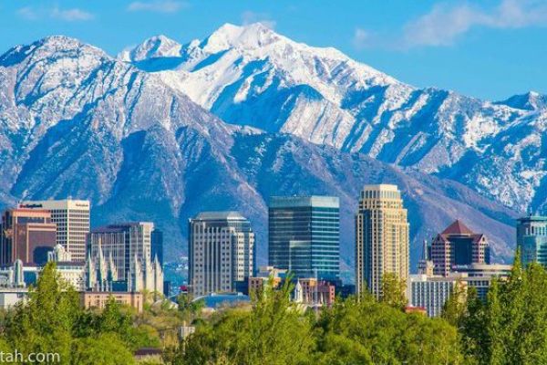 Salt Lake skyline against the Wasatch Mountains