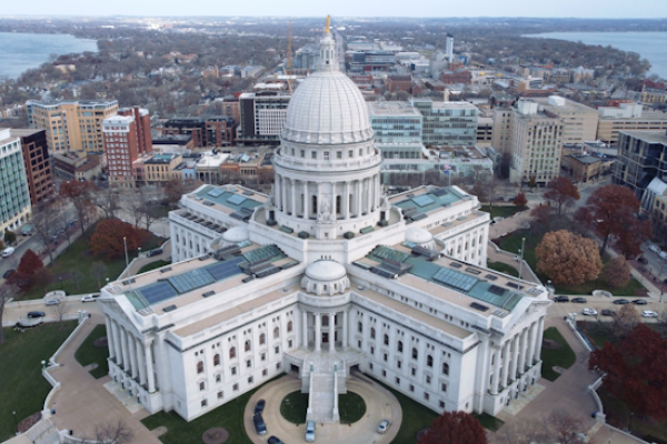 Aerial photo of Wisconsin State Capitol and Madison city skyline