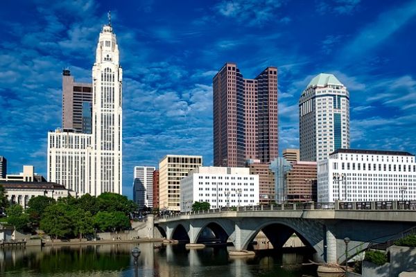 Columbus, Ohio skyline against a blue sky