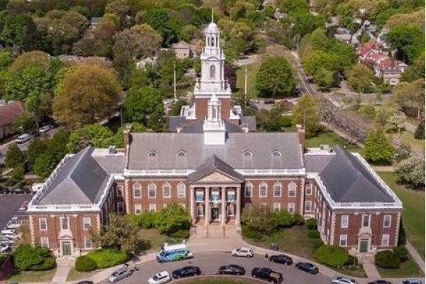 Newton, MA City Hall and War Memorial from above