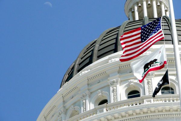 California State Capitol Building rotunda with U.S. and California state flags