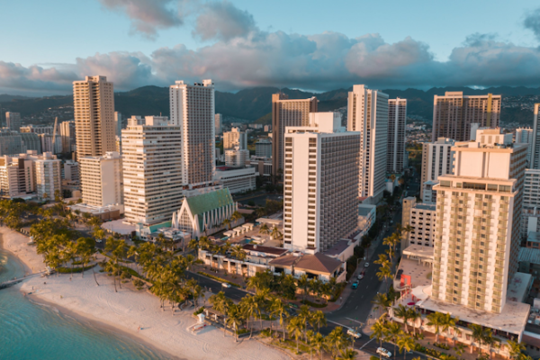 Honolulu city skyline along the beach