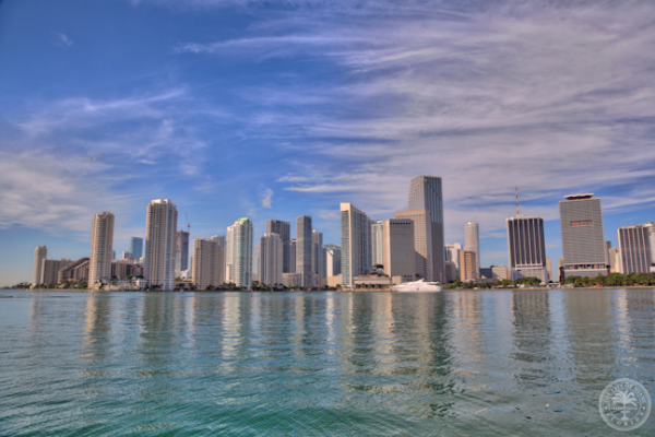 Miami skyline from the water.